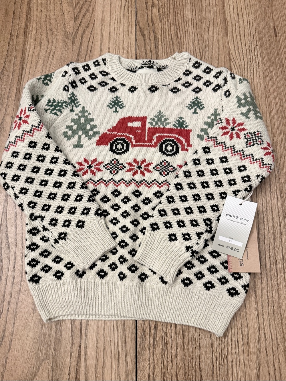 NEW Kids Cream Holiday Crewneck Sweater with Red Truck Motif Sz 4T W